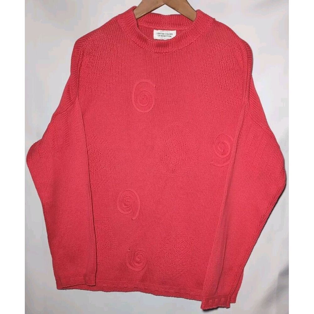 Vtg United Colors of Benetton Sweater Crewneck Spiral Floral Hot Pink Large READ